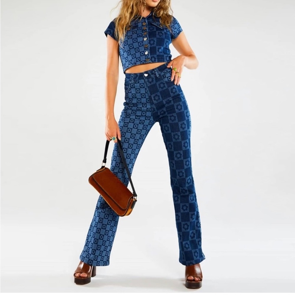 Jaded London sz 30 High Rise Retro Floral Checkerboard Skinny Flare Jeans